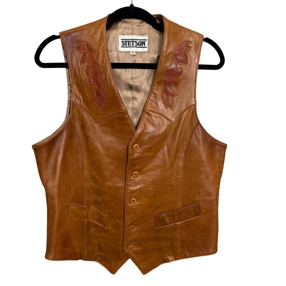 Stetson Mens Vintage Tan Brown Leather Western Vest Lizard Inlay Size 40